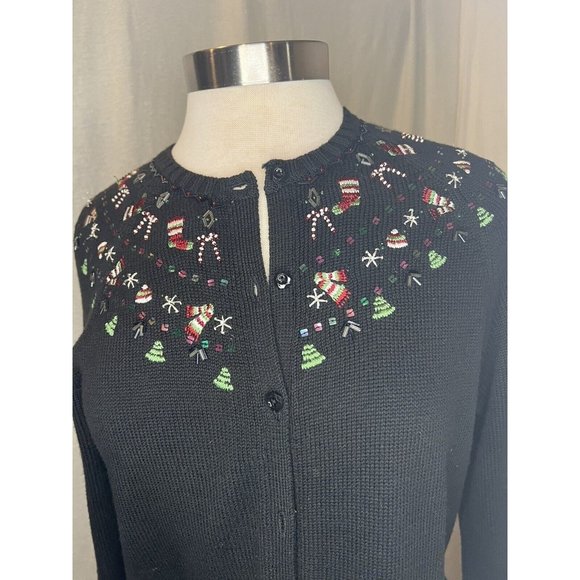 CHARTER CLUB Christmas Women's Cardigan Sweater Button up Size Medium Black - Picture 9 of 16